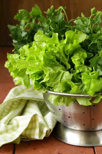 Grüner Salat und Petersilie im Metallsieb — Stockfoto