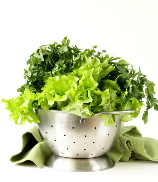 Зелений салат і петрушка в металевій друкарні — стокове фото