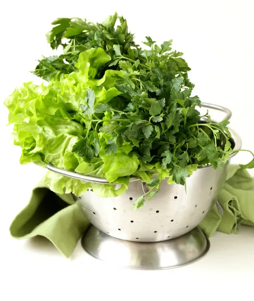 Зелений салат і петрушка в металевій друкарні — стокове фото
