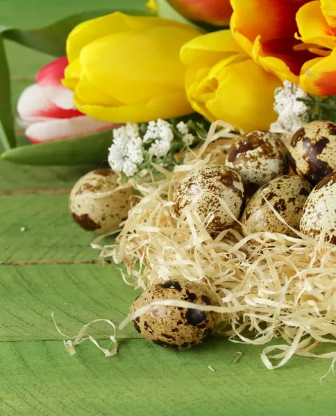 Påsk Stilleben med våren blommor tulpaner och vaktel ägg på en trä bakgrund — Stockfoto