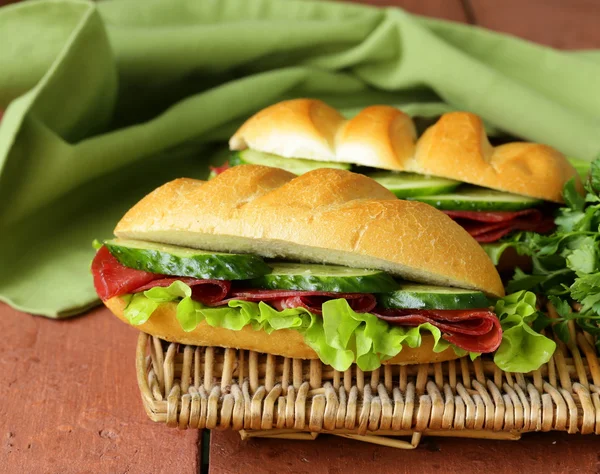 Frisches Sandwich mit geräuchertem Fleisch, Gurken und Salat — Stockfoto