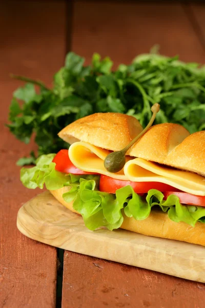 Fresh sandwich with vegetables, green salad and cheese — Stock Photo, Image