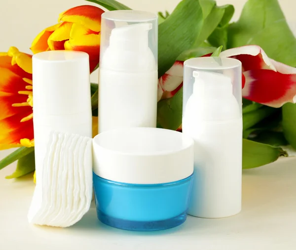 Assortment of jars creams lotion - organic cosmetics — Stock Photo, Image