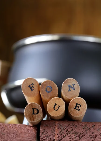 Garfos de fondue especiais com letras foco suave — Fotografia de Stock