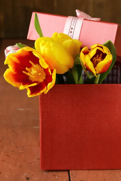 Spring tulips flowers on a wooden background — Stock Photo, Image