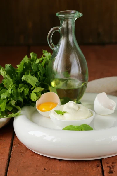 Natural egg mayonnaise sauce in a white bowl — Stock Photo, Image