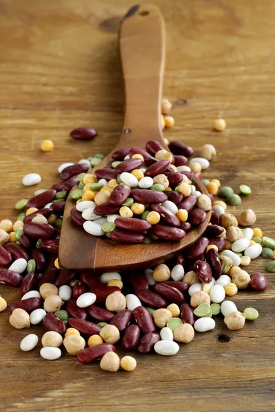 Sortiment různých druhů fazolí - červené fazole, cizrna, hrách — Stock fotografie