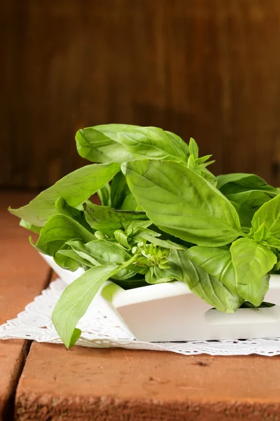 Organic fresh green basil on a wooden table — Stock Photo, Image