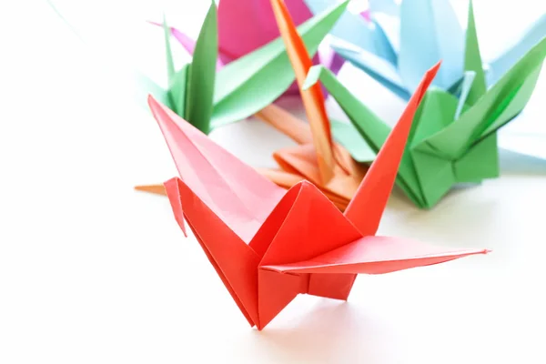 Papel colorido origami aves sobre un fondo blanco —  Fotos de Stock