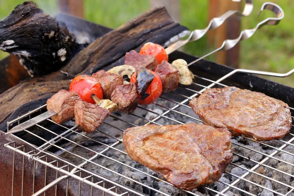 Cooking on the barbecue grill assortment sausages steak and skewers — Stock Photo, Image