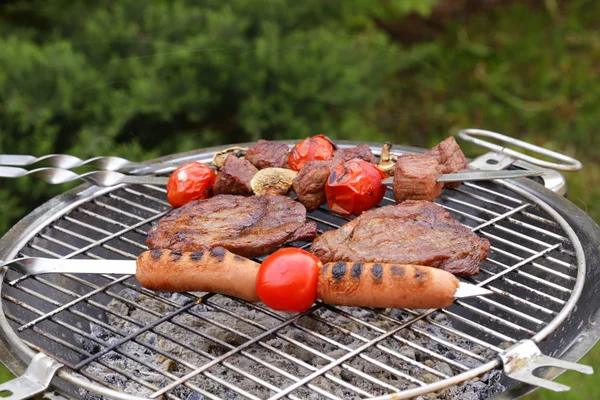 Cooking on the barbecue grill assortment sausages steak and skewers — Stock Photo, Image