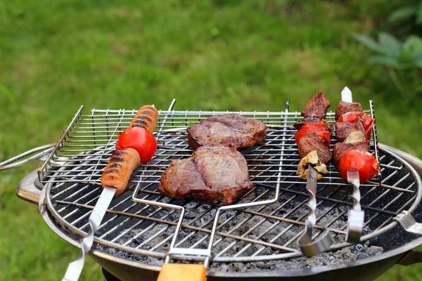 Cooking on the barbecue grill assortment sausages steak and skewers — Stock Photo, Image