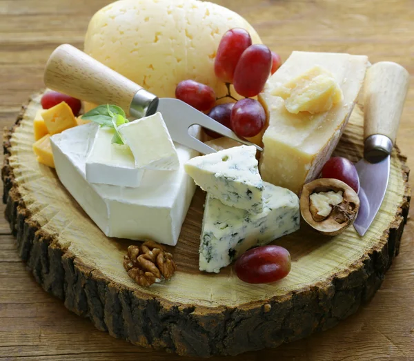 Cheeseboard with assorted cheeses (parmesan, brie, blue, cheddar) — Stock Photo, Image