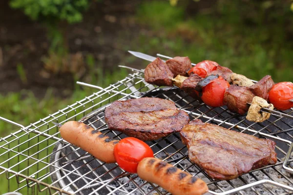 Cottura sulla griglia assortimento salsicce bistecca e spiedini — Foto Stock