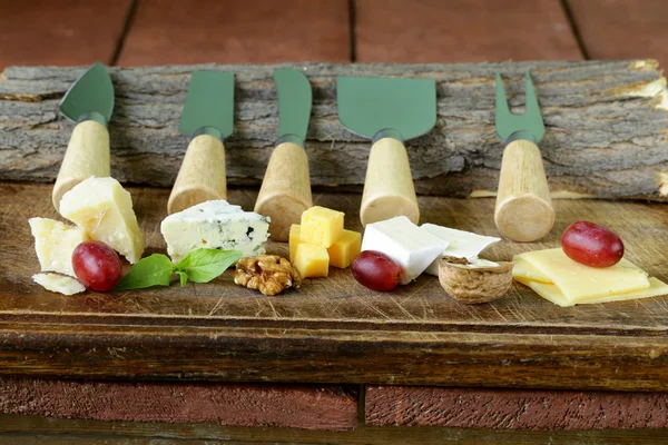 Cheeseboard with assorted cheeses (parmesan, brie, blue, cheddar) — Stock Photo, Image