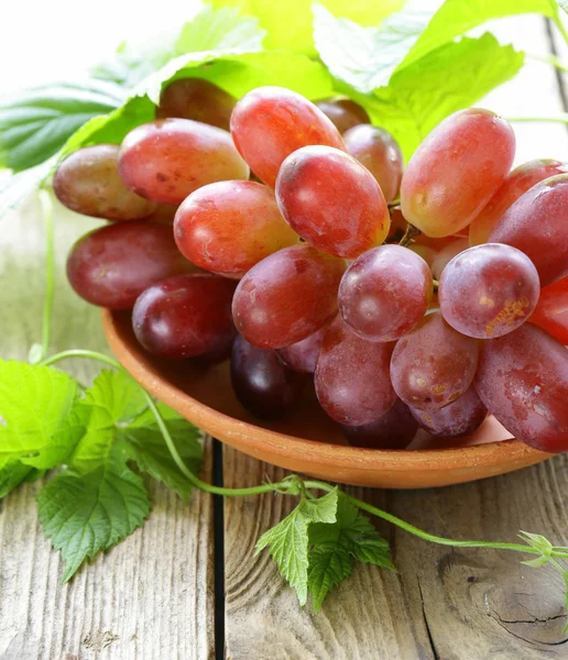 Rama de uvas rojas maduras con hojas verdes sobre una mesa de madera —  Fotos de Stock