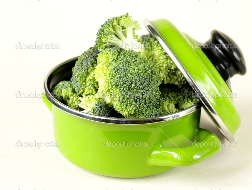 Fresh green cabbage broccoli in the pan