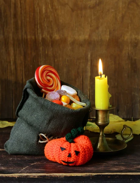 Bag with sweets and candy traditional treat on Halloween — Stock Photo, Image