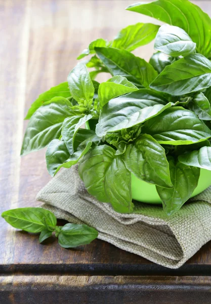 Fresh green basil on a wooden background — Stock Photo, Image