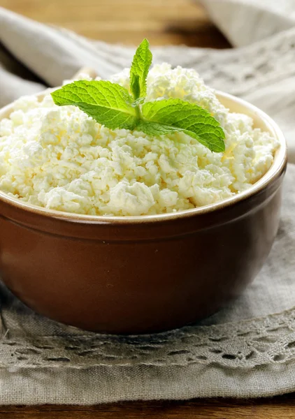 Fresh dairy curd in a ceramic bowl, rustic style — Stock Photo, Image