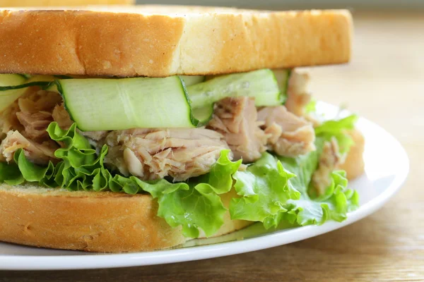 Tuna sandwich with fresh cucumber and green salad — Stock Photo, Image