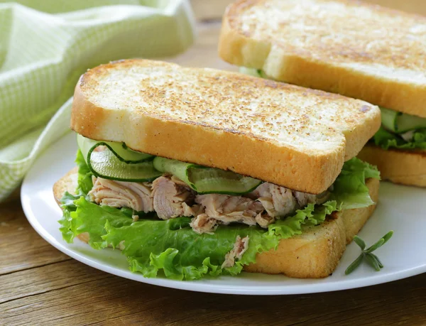 Tuna sandwich with fresh cucumber and green salad — Stock Photo, Image