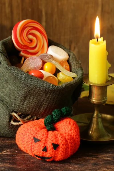 Bag with sweets and candy traditional treat on Halloween — Stock Photo, Image