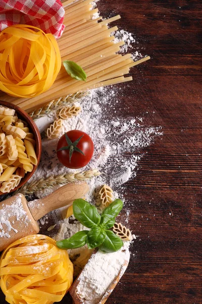 Flour Food Background Fresh Pasta Wooden Background — Stock Photo, Image