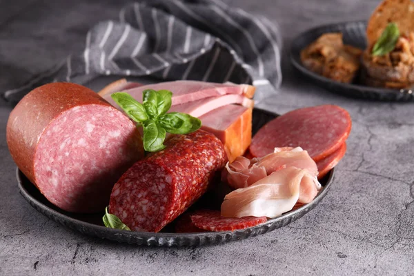 Delicacy Food Smoked Sausages Ham — Stock fotografie