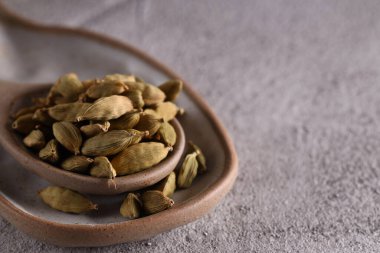 organic spice cardamom in a ceramic spoon