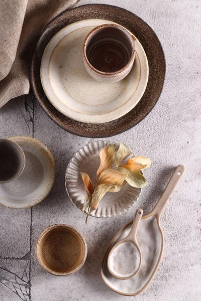 Organic Ceramic Dishes Plates Cups — Stock Photo, Image