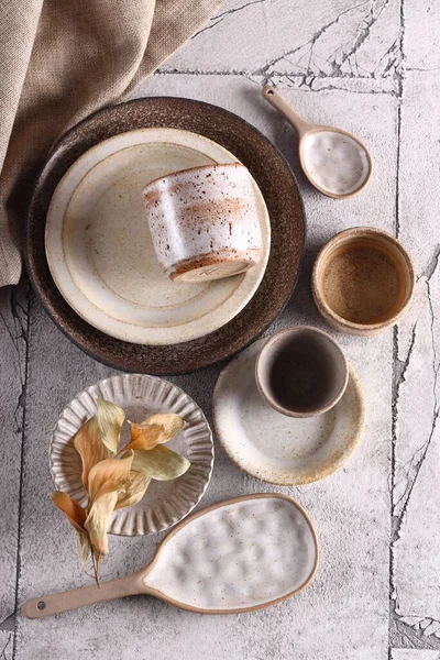 Organic Ceramic Dishes Plates Cups — Stock Photo, Image