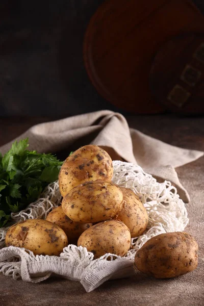 Organic Food Raw Potatoes Table — Stock Fotó