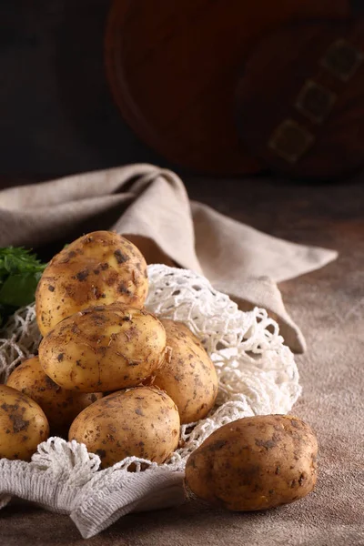 Organic Food Raw Potatoes Table — Stock Fotó