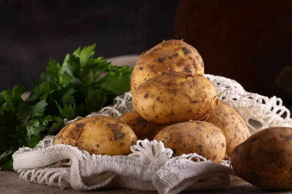 Organic Food Raw Potatoes Table — Stock Fotó