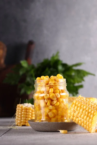 organic food canned corn on the table