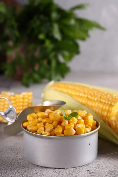 organic food canned corn on the table