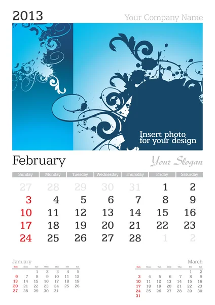 February 2013 A3 calendar — Stock Vector