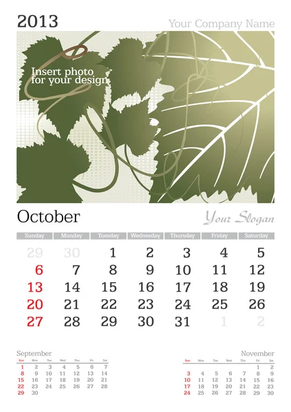 October 2013 A3 calendar — Stock Vector