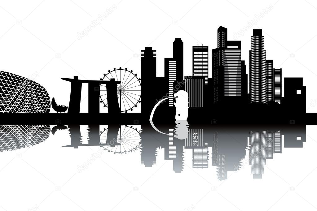 Singapore skyline - black and white vector illustration