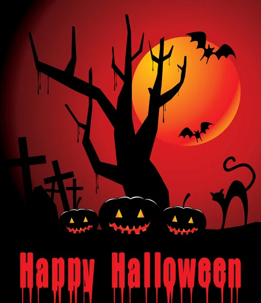 Halloween achtergrond met volledige oranje maan, pompoen en zwarte ca — Stockvector
