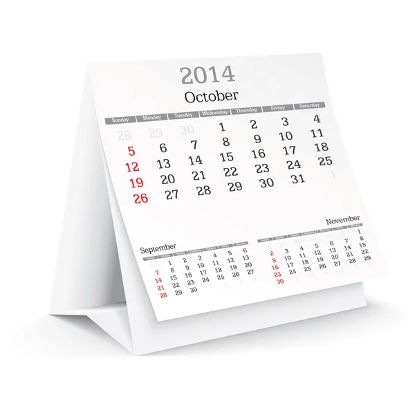 Octobre 2014 - Calendrier — Image vectorielle