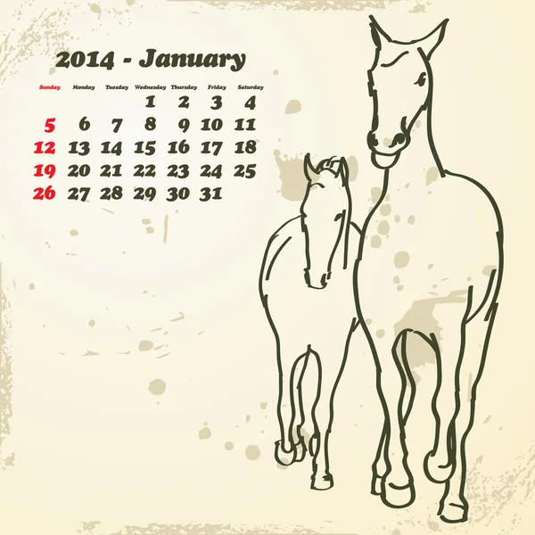 Januari 2014 hand getekend paard kalender — Stockvector