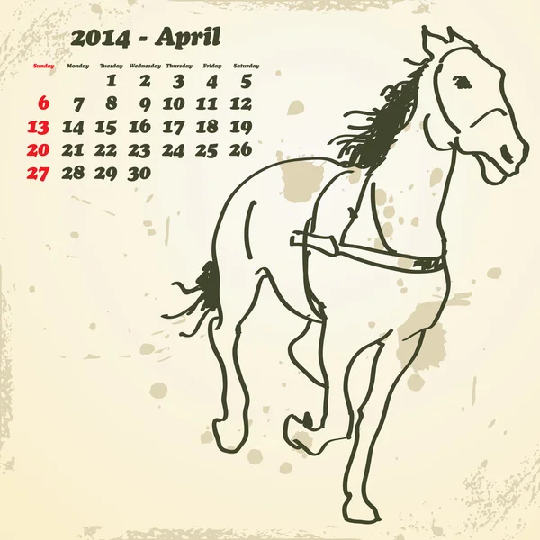 Abril 2014 calendario de caballos dibujado a mano — Archivo Imágenes Vectoriales