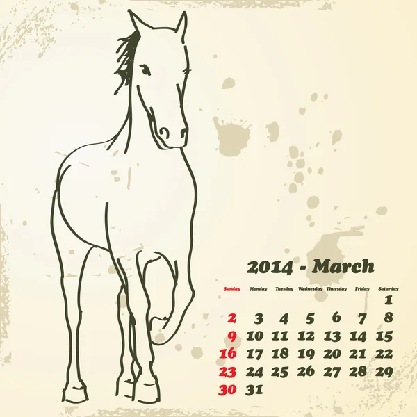 Março 2014 calendário cavalo desenhado à mão — Vetor de Stock