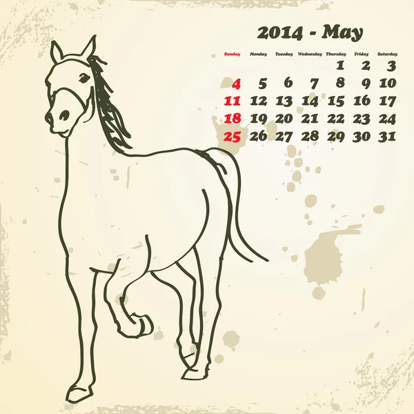 Maio 2014 calendário cavalo desenhado à mão — Vetor de Stock