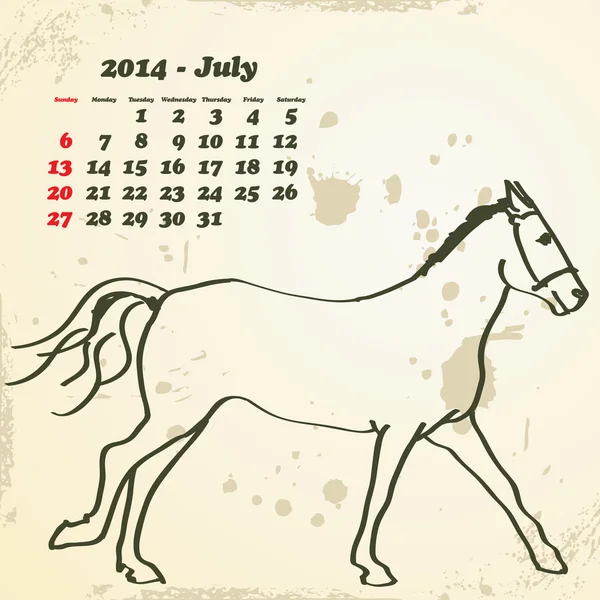 Luglio 2014 mano cavallo disegnato calendario — Vettoriale Stock