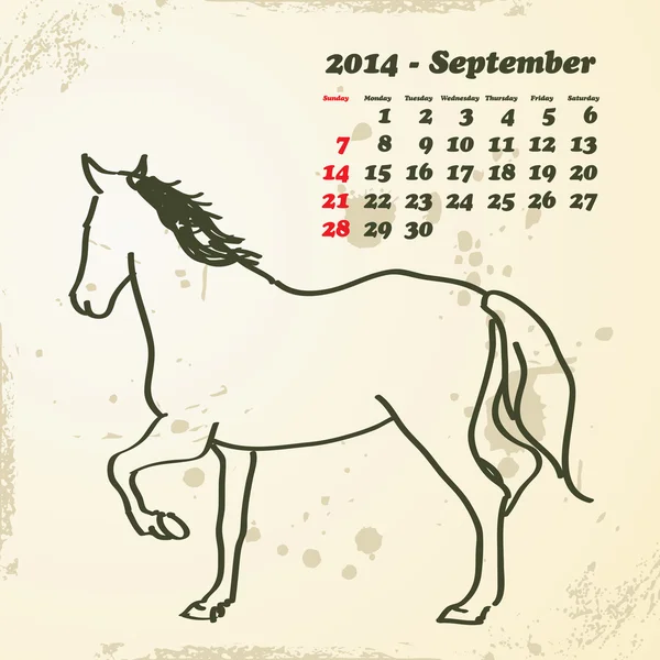 2014 年 9 月手描き下ろし馬カレンダー — ストックベクタ