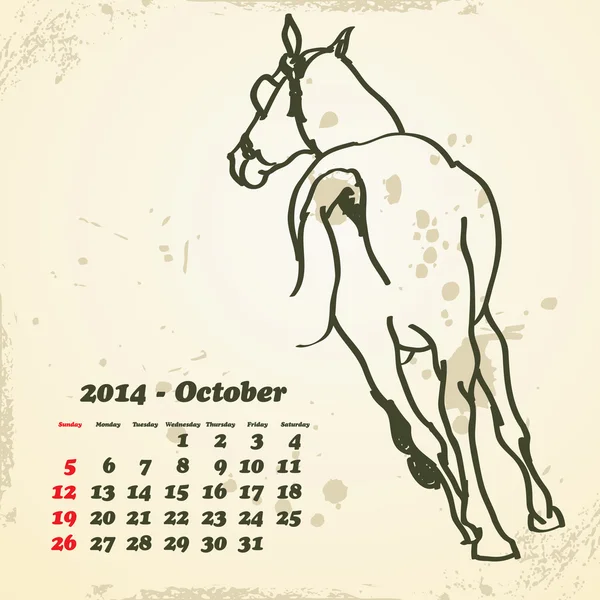 Outubro 2014 calendário cavalo desenhado à mão — Vetor de Stock