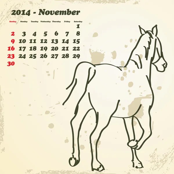 Noviembre 2014 calendario de caballos dibujado a mano — Vector de stock